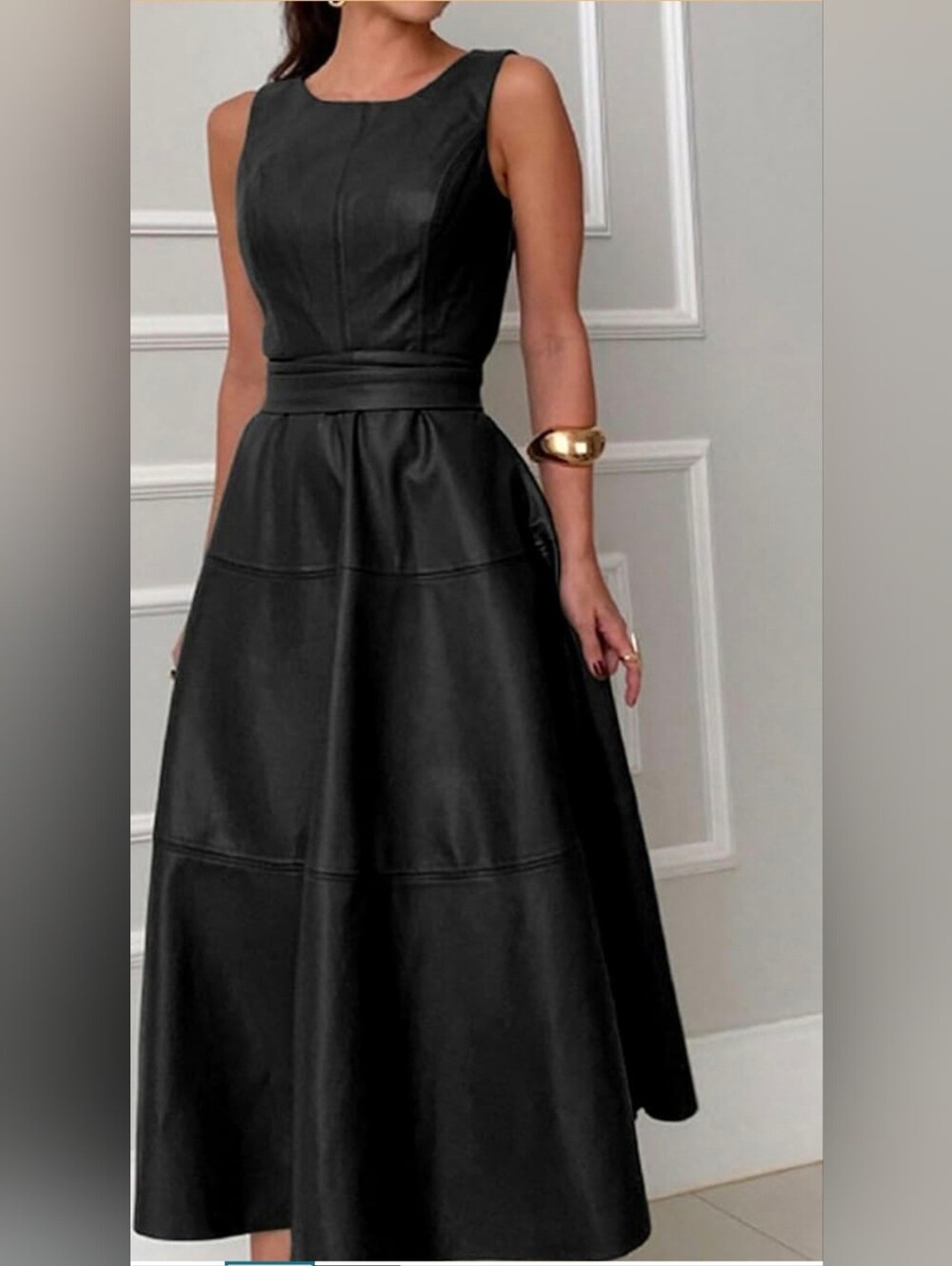 Black Faux Leather Midi Fit & Flare Belted Dress Fully Lined Back Zipper S